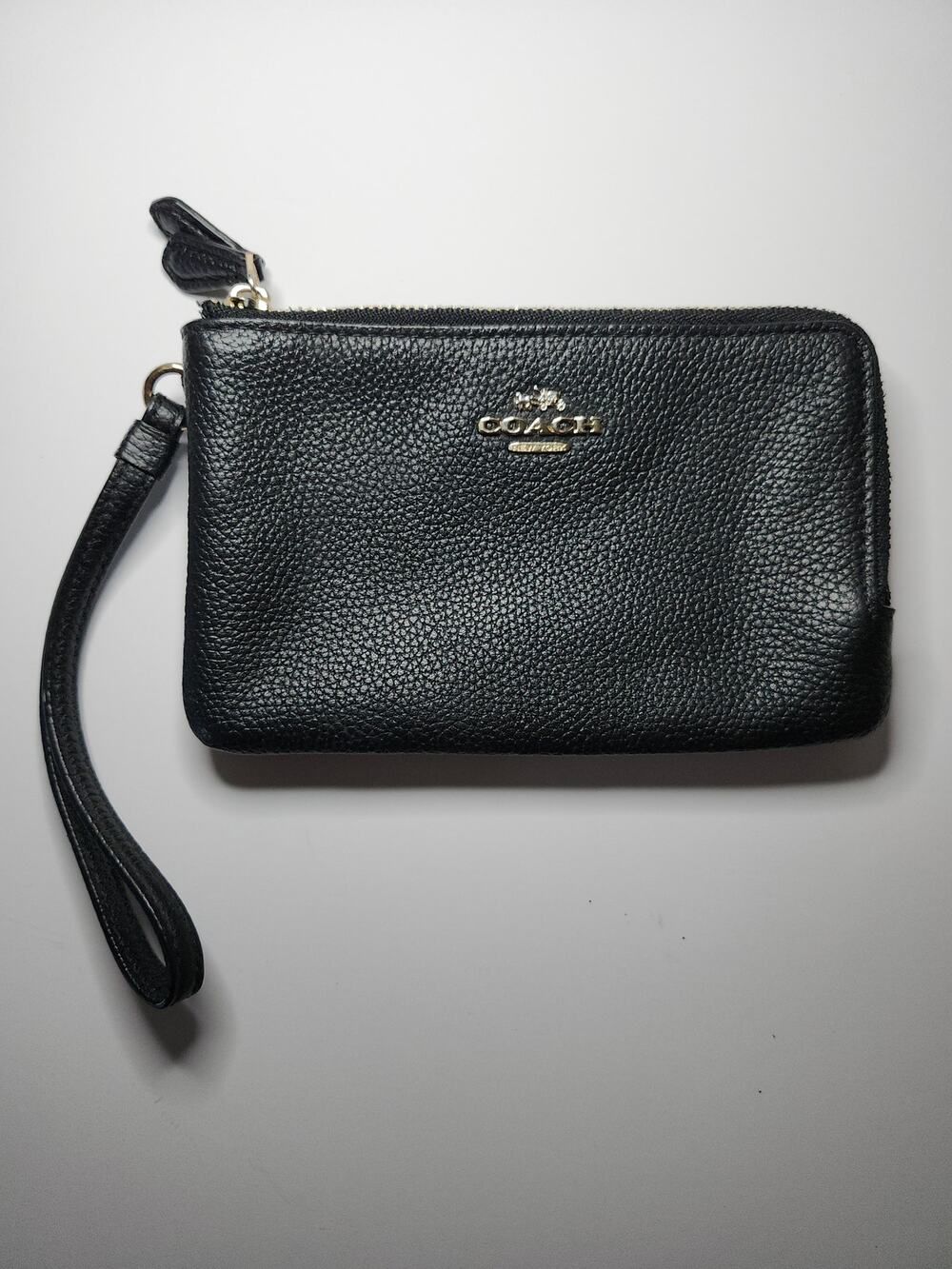 Coach Double Zip Wristlet Wallet Black Pebbled Leather